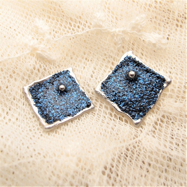 Glitter blue painted enamel earrings, elegant boho.