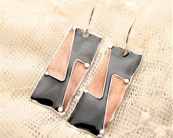 Picture enamelled earring painted black rose gold, geometric earrings, funky earrings, modern design earrings, David Bowie earrings