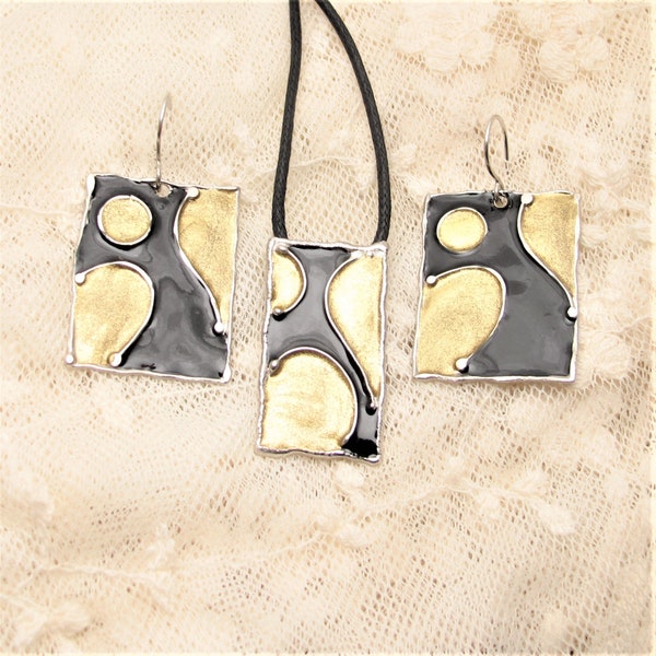 set pendant earrings enamelled black gold square abstract painting