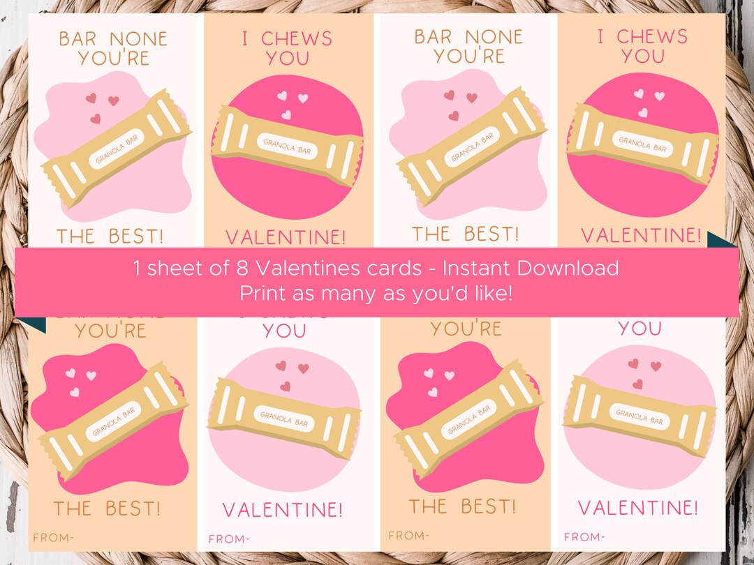 Granola Bar Valentines Day Cards Kids Classroom Valentine Cards Instant