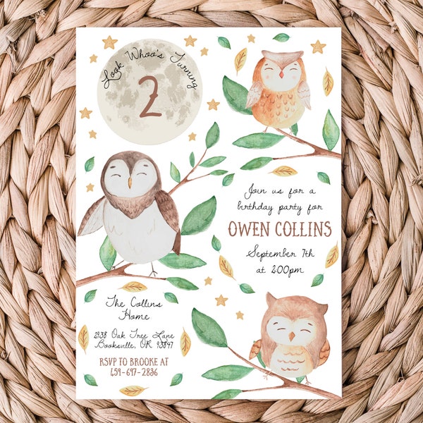 Owl Birthday Invitation | Look Whoo's Turning | Woodland Birthday Invitation | Printable 5x7 | Forest Birthday Invite