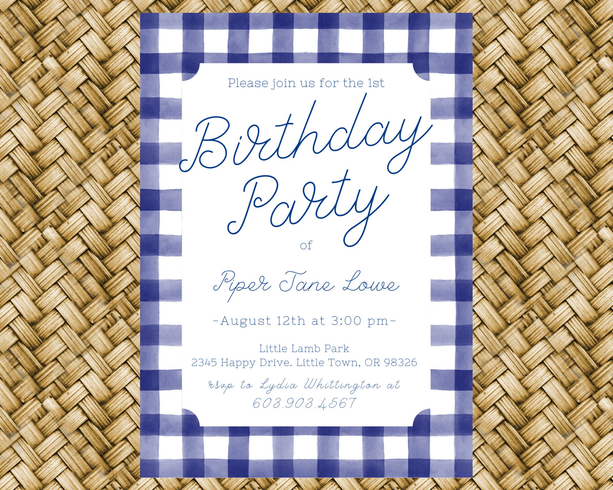 Navy Blue Gingham Birthday Invitation 5x7 Printable Picnic Etsy
