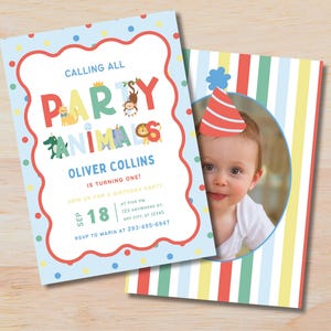 Könnte beinhalten: Zwei Party-Einladungen. Die erste hat einen hellblauen Hintergrund mit bunten Punkten und einem roten Rand. Der Text lautet "CALLING ALL PARTY ANIMALS" mit Tierillustrationen. Die zweite Einladung hat ein Foto eines Babys mit Partyhut.