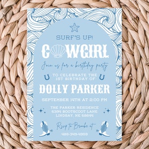 Coastal Cowgirl Birthday Invitation | Surf&#39;s Up Cowgirl Birthday Invitation | Country Beach | Coastal Cowboy | Beach Cowgirl | Printable