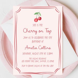 Cherry on Top Birthday Invitation | Cherry First | Cherry Birthday | Ma Cheri | Girl Pink | First Birthday | Coquette | Whimsical Printable