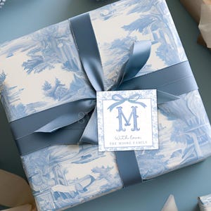 Monogram Gift Tags | Blue Chinoiserie Gift Tags | Grandmillenial Christmas Gift Tags | Preppy Christmas Decor Christmas Bow Tags | Printable
