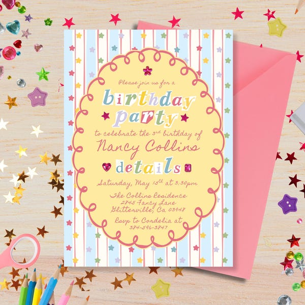 Fancy Birthday Invitation | Girl Birthday Invitation | Craft Birthday Party | Colorful Birthday | 1st Birthday | Whimsical Birthday Invite