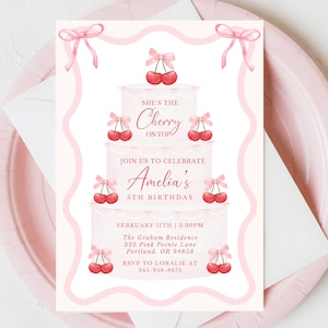 Cherry on Top Birthday Invitation | Cherry First | Cherry Birthday | Two Sweet | Girl Pink | Any Age | First Birthday | Coquette | Printable