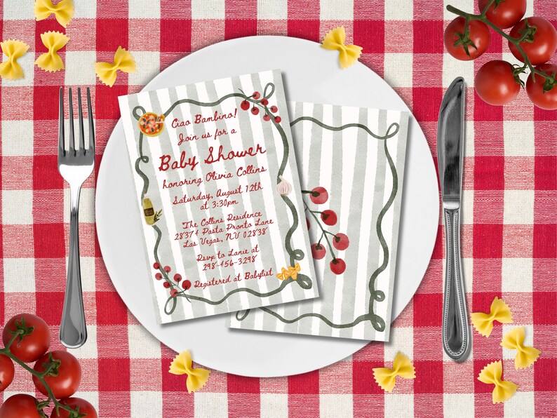 Może przedstawiać: Zaproszenie na baby shower z czerwono-białym wzorem w kratę w tle. Zaproszenie zawiera tekst "Ciao Bambino! Join us for a Baby Shower". Zaproszenie jest ozdobione ilustracjami pomidor&oacute;w i makaronu.
