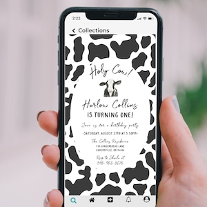 Cow Birthday Invitation | Holy Cow I&#39;m One | Cow Party | Cow Invite | Moo Moo I&#39;m Two | Text Invite | Text Invitation