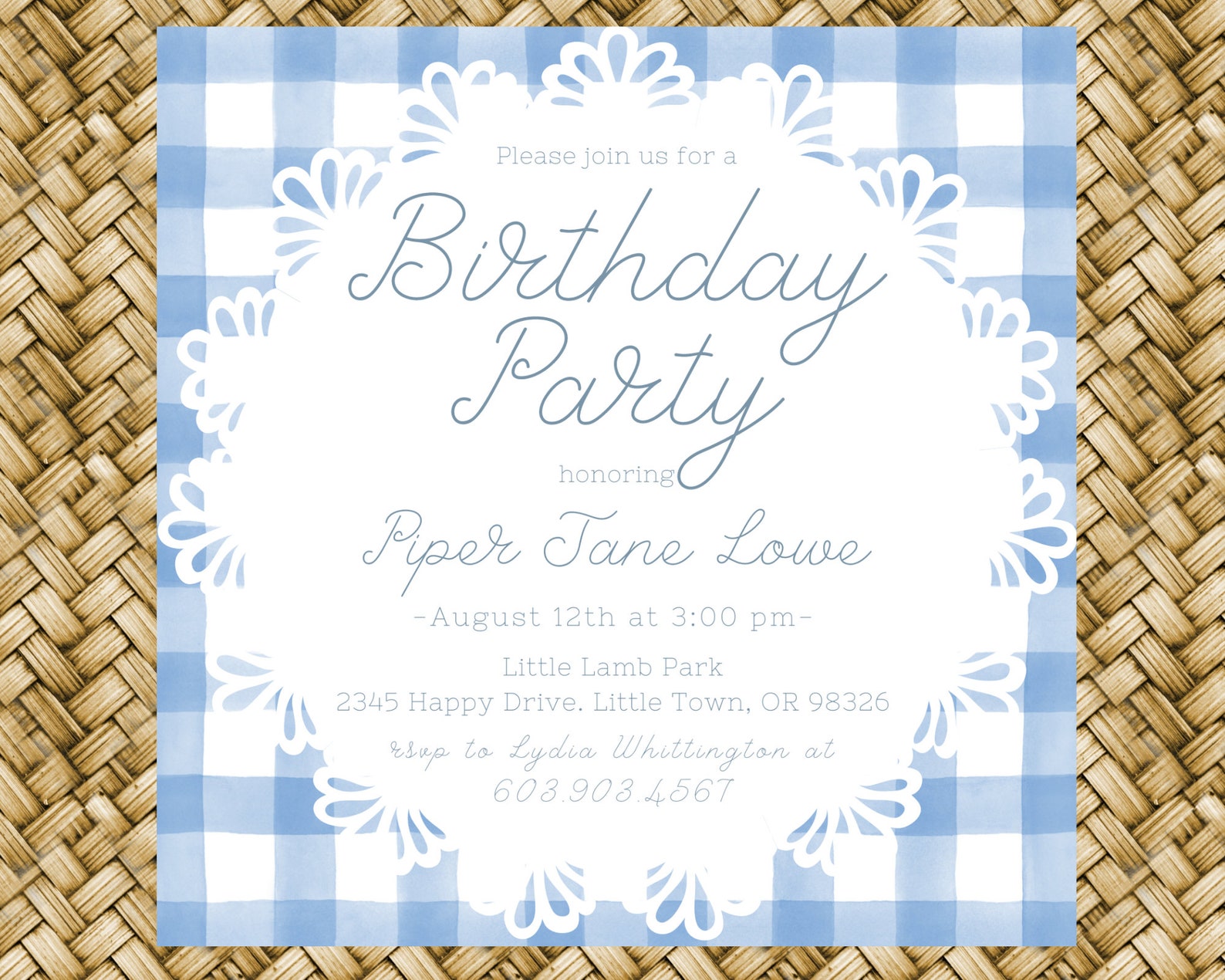 Chambray Blue Gingham Birthday Invitation 5.25 Printable Etsy UK