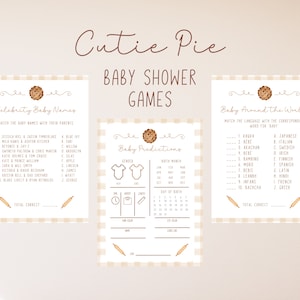 Jogos de chá de bebê Cutie Pie | Nomes de bebês de celebridades | Doce como torta | Previsões de bebês | Bebê ao redor do mundo | 5x7 para impressão