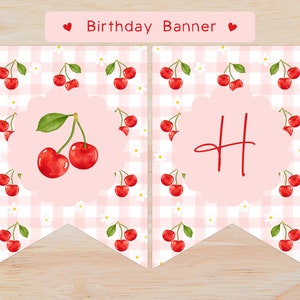 Könnte beinhalten: Ein rosa-weißes Gingham-Geburtstagsbanner mit einem roten Kirschendesign und dem Buchstaben "H" in Rot. Das Banner ist mit weißen Gänseblümchen verziert.