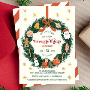 Favorite Things Party Invite | Christmas Party Invitation | Gingerbread | Retro Christmas | Gift Exchange | White Elephant | Printable
