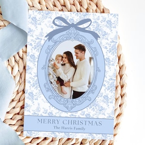 Blue Chinoiserie Christmas Card | Grandmillenial Christmas Card | Preppy Christmas Card | Blue Toile | Bow | Southern Christmas | Printable