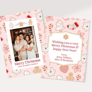 Gingerbread Christmas Card | Pink Christmas Cookie Card | Printable Photo Christmas Card | Gingerbread House | Gingerbread Man | Pastel