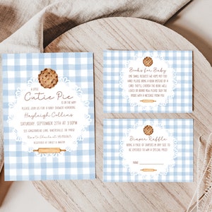 Cutie Pie baby shower uitnodiging | Gingham | Zoet als taart | Babyshower bakken | Herfst babyshower | Winter | november | Afdrukbare 5 x 7 | Blauw