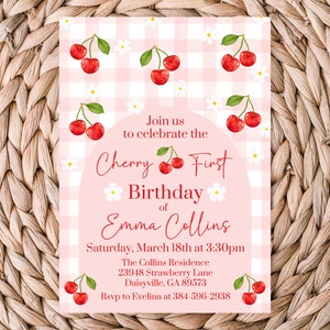 Cherry First Birthday Invitation | Cherry Sweet | Sweet One Birthday | Girl Pink | 1st Birthday | First Birthday | Printable