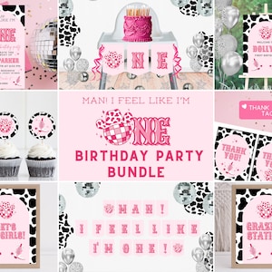 Man I Feel Like I&#39;m One! Birthday Bundle | Disco Cowgirl Birthday Invitation | Space Cowgirl | 1st Birthday | Printable Party Package