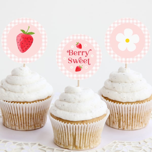 Strawberry Cupcake Toppers | Printable | Berry First Birthday | 1st Birthday | Strawberry Birthday Cupcake Toppers | Sweet One | Berry Sweet