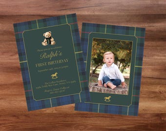 May include: Two invitations with a plaid design. One features a photo of a child, the other has text that reads "Ralph's First Birthday" with a teddy bear and rocking horse graphic. The invitations are on a wooden surface.