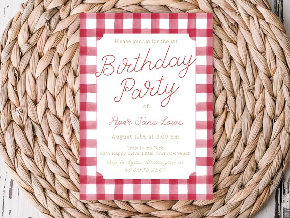 Red Gingham Birthday Invitation 5x7 Printable Picnic - Etsy