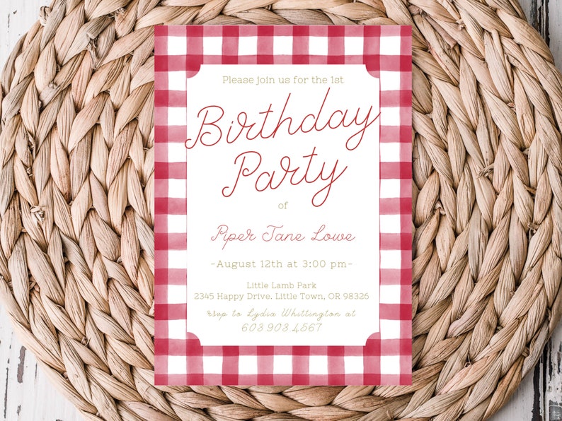 Red Gingham Birthday Invitation 5x7 Printable Picnic Etsy