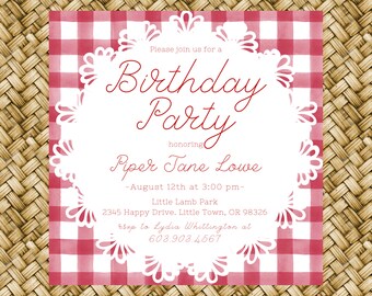 Red Gingham Birthday Invitation 5x7 Printable Picnic | Etsy