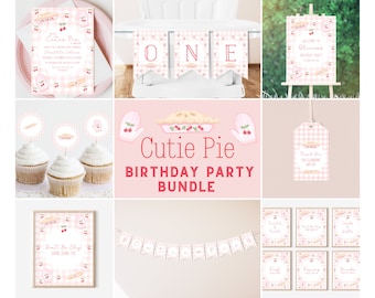 Cutie Pie Birthday Bundle | Cherry Pie | Baking Birthday | Little Cutie Pie | Girl Pink Gingham | 1st Birthday | Printable Party Package