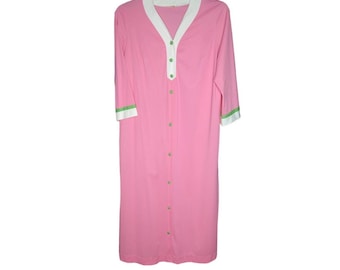 Camicia da notte caftano vintage anni '70, taglia XL, rosa bubble gum con bottoni verdi