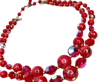 60's Vintage Red Beaded Necklace Multi Strand Gold Glitter Pearls Plastic