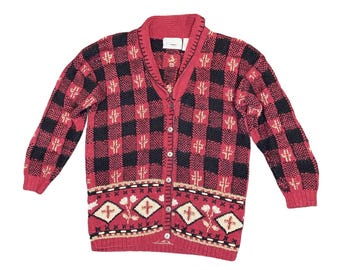 Vintage Hand Knitted Plaid Cardigan Sweater size M Heavy Thick Southwestern