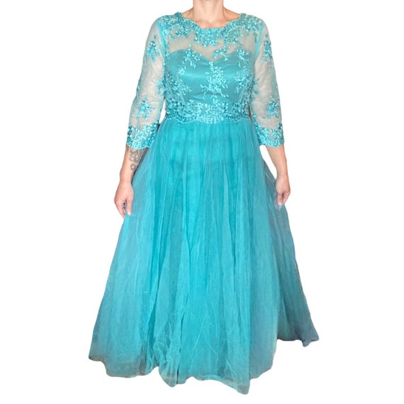 Blue 50's Ball Gown size 10 Tulle Lace Beading Se… - image 1