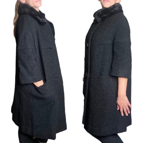 50's Vintage Black Wool Coat with Black Fur Colla… - image 9