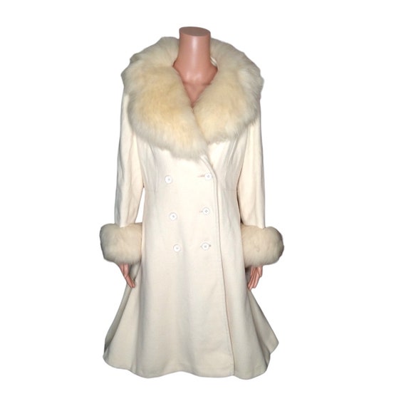 70's Vintage Cream Wool Coat Shearling Fur Collar & S… Gem