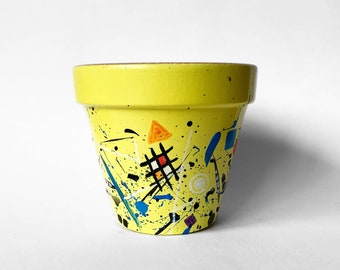 Painted plant pot, Yellow terracotta planter for indoors , Kandinsky inspired splash pattern flower pot , Quirky house decor gift