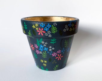 Floral pattern flower pot with gold inside rim, Vintage nature hand painted pot, Art Deco style planter, Housewarming gift for home