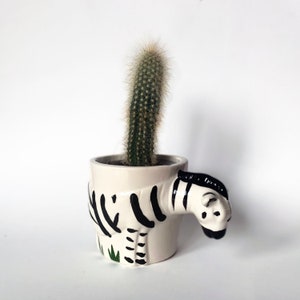 May include: A small cactus in a cream ceramic pot with a zebra design. The zebra's head forms the handle, and black stripes decorate the pot. The cactus is green with small spines. A decorative plant pot.
