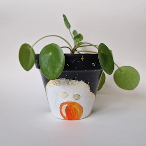 May include: A black terracotta pot with a white and orange painted design of a moon and a planet. The pot is filled with a green plant with round leaves.