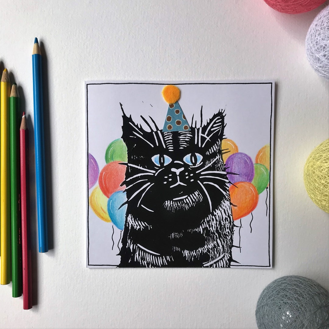 Happy Birthday Cat Card Original Lino Cut Print Bday Card - Etsy