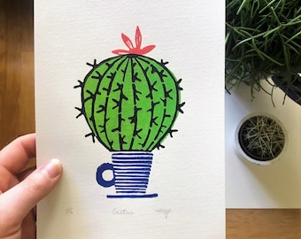 Cactus Original Lino cut print, Small edition hand printed art work, Block printing plant lovers gift, Unframed art