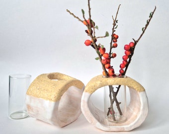 Ceramic plant propagation vase with a glass tube, Rustic handmade ceramic flower vase