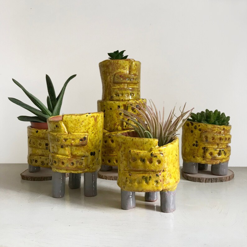 Yellow and grey ceramic plant pot on legs Hand made Home Etsy