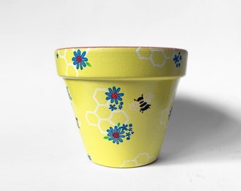 Beekeepers gift, Painted plant pot , Yellow plant mom, dad housewarming gift , Bee honeycomb decor, Small terracotta planter for succulent