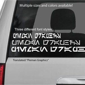 Personalisierter von Star Wars inspirierter Aurebesh-Schriftzug-Vinylaufkleber / Aufkleber - Drei Stile zur Auswahl