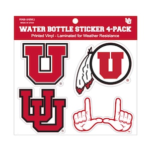May include: Four-pack of water bottle stickers featuring the University of Utah logo in red and white. The stickers include the U logo, a U logo with a feather, a U logo in a circle, and a hand gesture with the letters U and U.
