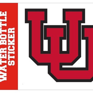 Sticker waterfles met in elkaar grijpend U-logo van de Universiteit van Utah