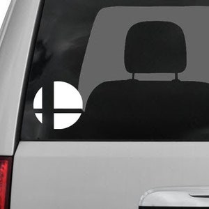 May include: A white car with a black silhouette of a driver's seat and a white Super Smash Bros. logo sticker on the back window.