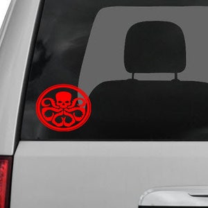 May include: Red vinyl sticker of the Hydra logo from the Marvel Cinematic Universe. The logo features a skull with tentacles and is in a circle.
