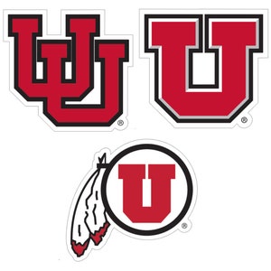 Puede incluir: Tres logotipos de la Universidad de Utah en rojo y negro. El primer logotipo es una "U" estilizada con un contorno blanco. El segundo logotipo es una "UU" estilizada con un contorno blanco. El tercer logotipo es una "U" estilizada dentro de un círculo con un diseño de pluma.